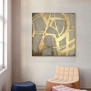 Gold abstract lines on textured grey background – modern handmade canvas artwork framed in gold