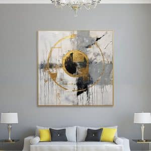 handmade circular gold textured oil painting on white canvas with gold floating frame