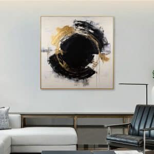 handmade black circular textured oil painting on white canvas with black floating fram