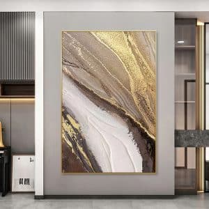 Vertical abstract painting with gold, beige, and brown textured strokes